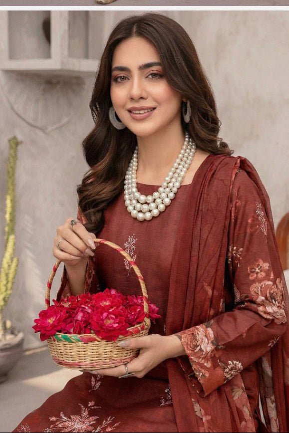 Rust Brown Embroidered Lawn Suit with Chiffon Dupatta