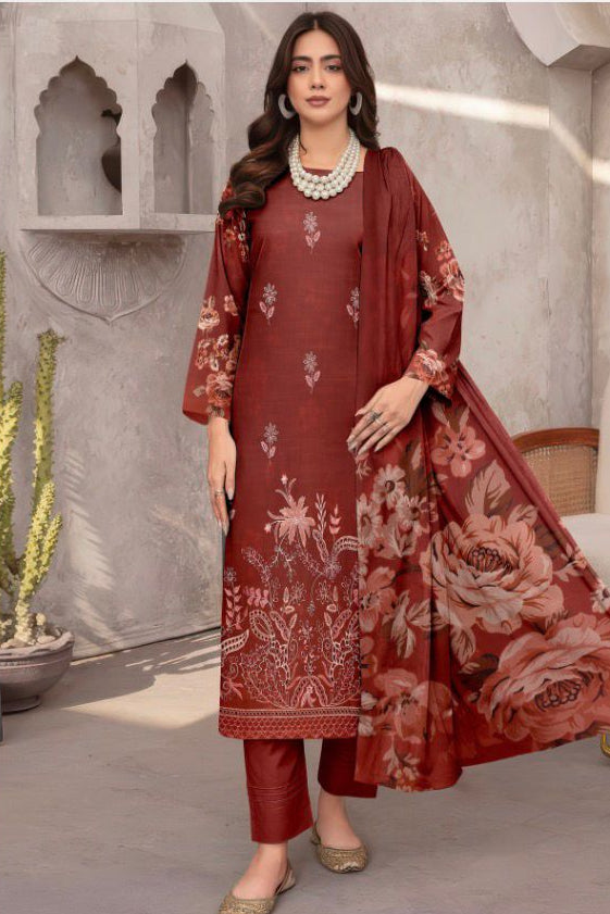Rust Brown Embroidered Lawn Suit with Chiffon Dupatta