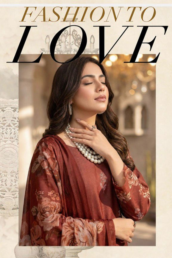 Rust Brown Embroidered Lawn Suit with Chiffon Dupatta