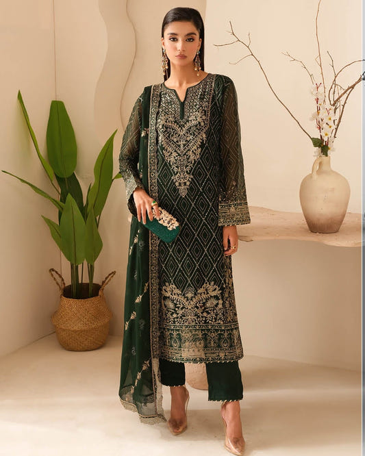 Elegant Embroidered Chiffon Suit with Sequins & Organza Borders ( EC126 )