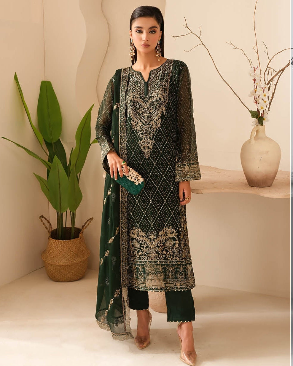 Elegant Embroidered Chiffon Suit with Sequins & Organza Borders ( EC126 )