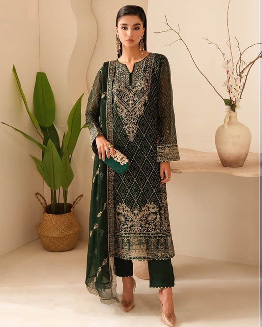 Elegant Embroidered Chiffon Suit with Sequins & Organza Borders ( EC126 )