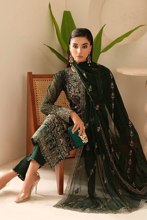 Elegant Embroidered Chiffon Suit with Sequins & Organza Borders ( EC126 )