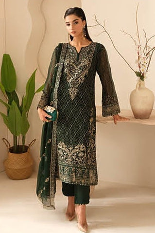 Elegant Embroidered Chiffon Suit with Sequins & Organza Borders ( EC126 )