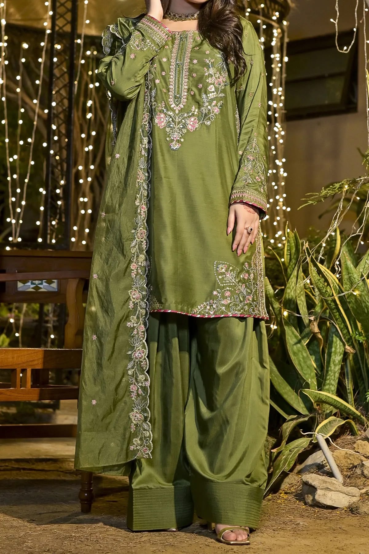 Elegant Olive Green Embroidered 3 Piece Suit for Women