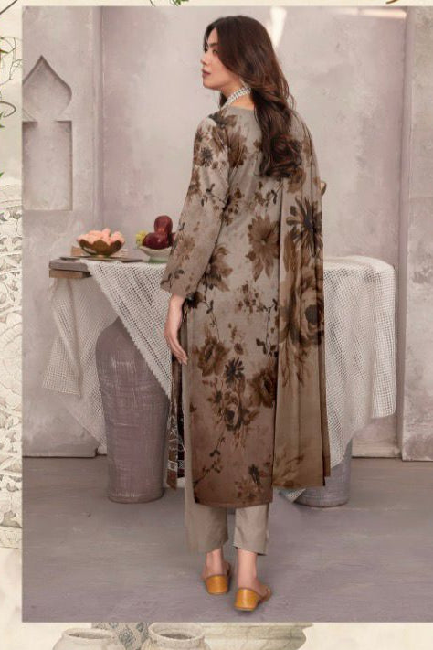Taupe Brown Embroidered Lawn Suit with Chiffon Dupatta