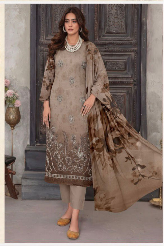 Taupe Brown Embroidered Lawn Suit with Chiffon Dupatta