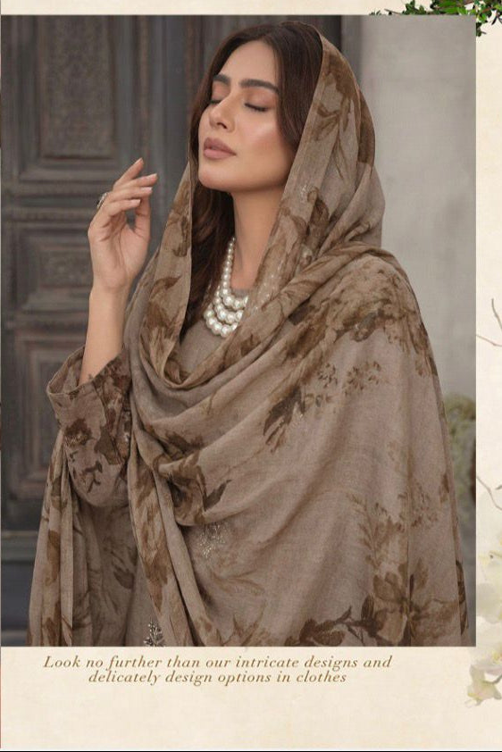 Taupe Brown Embroidered Lawn Suit with Chiffon Dupatta