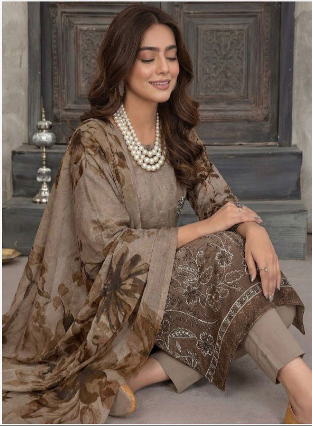 Taupe Brown Embroidered Lawn Suit with Chiffon Dupatta