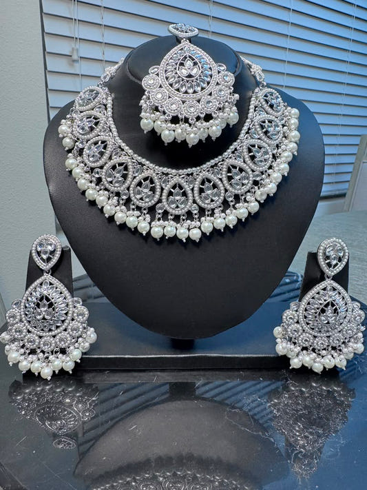 Silver Crystal Bridal Jewelry Set – Necklace, Earrings & Maang Tikka - Bridal Jewelry by Eastern Clozet