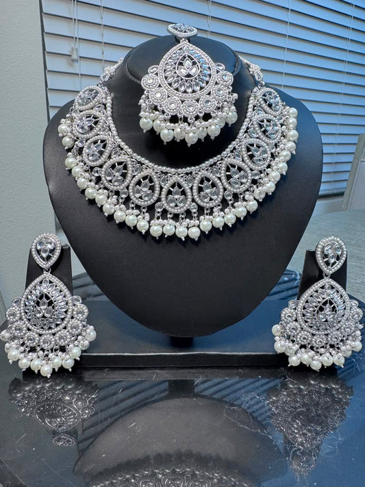 Silver Crystal Bridal Jewelry Set – Necklace, Earrings & Maang Tikka