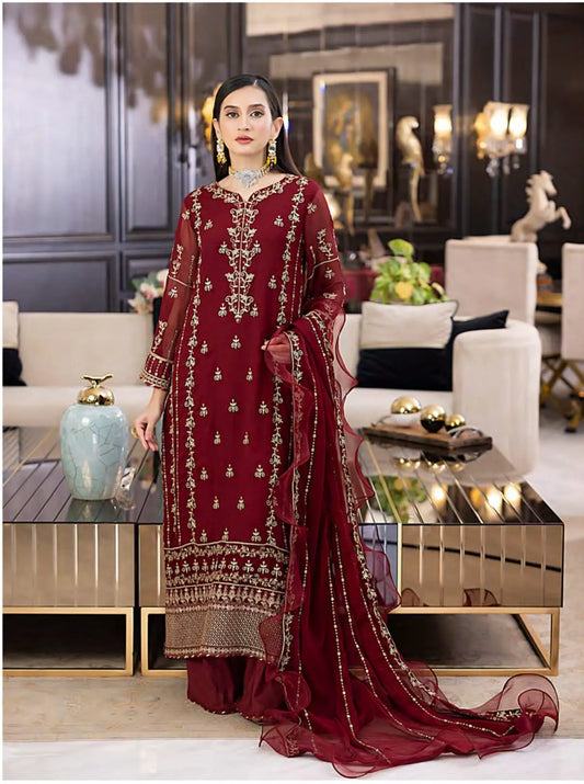 Luxury Sequins Embroidered Chiffon-Aesthetic Maroon