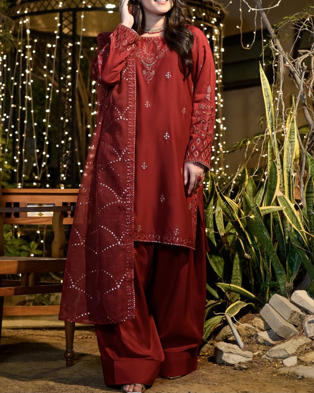 Elegant Maroon Embroidered 3 Piece Suit for Women