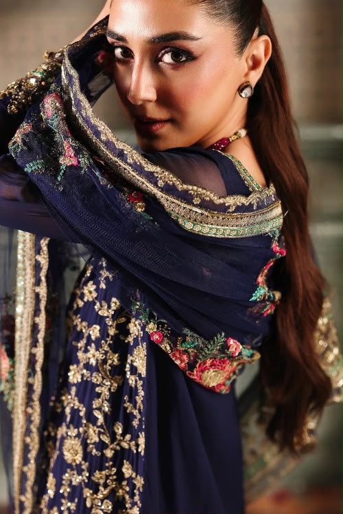 Navy Blue Chiffon Embroidered 3-Piece Suit with Golden Detailing