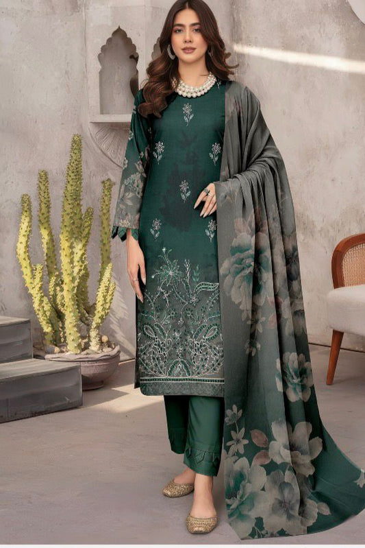 Emerald Green Embroidered Lawn Suit with Chiffon Dupatta