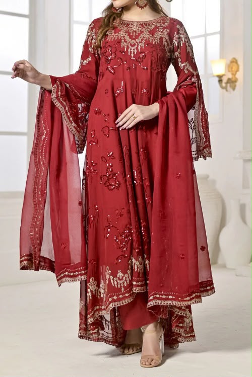 Chiffon Long Dress with Embroidered Gharara & Dupatta