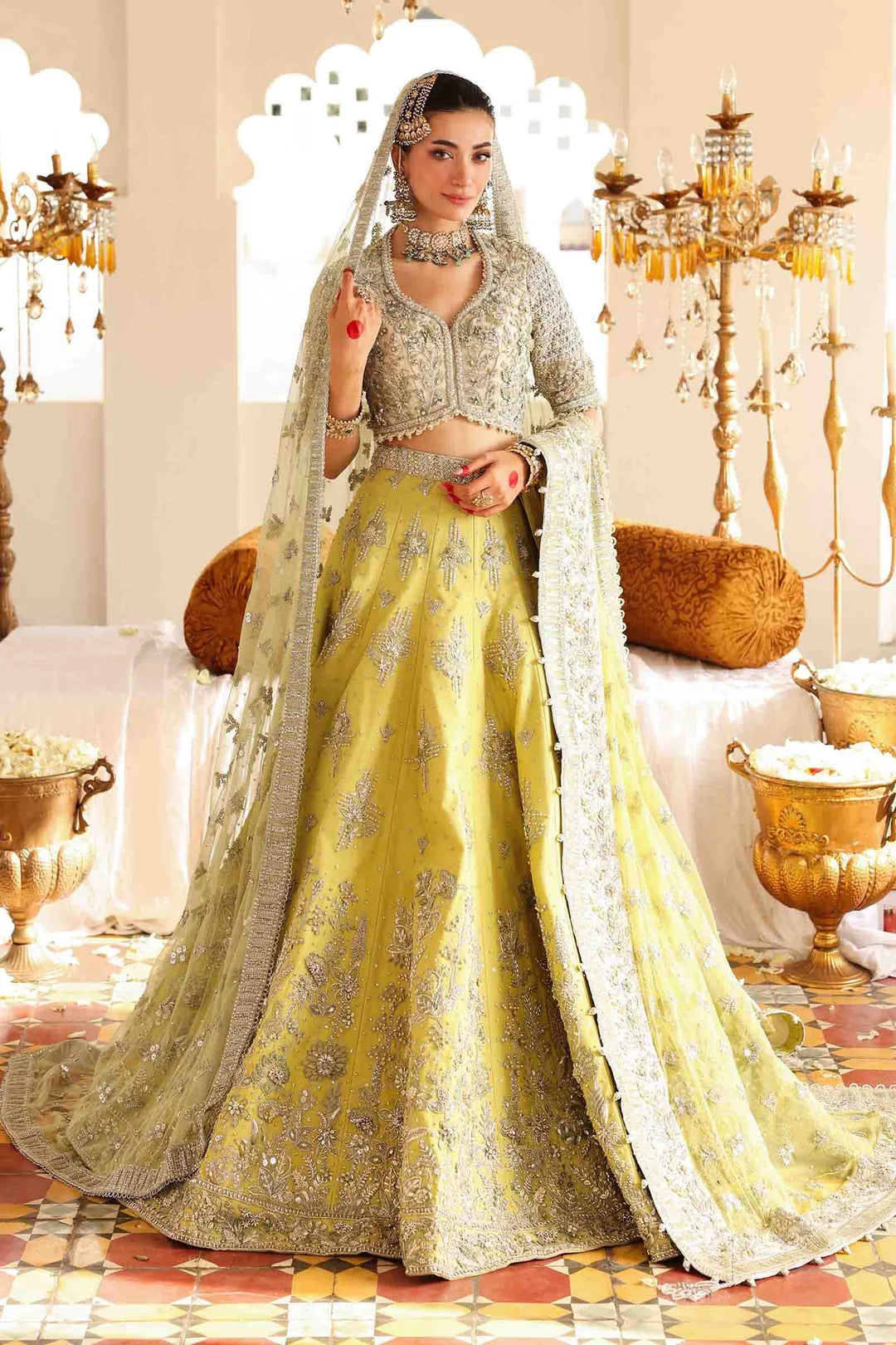 Yellow & Silver Embellished Bridal Lehenga Choli with Organza Dupatta