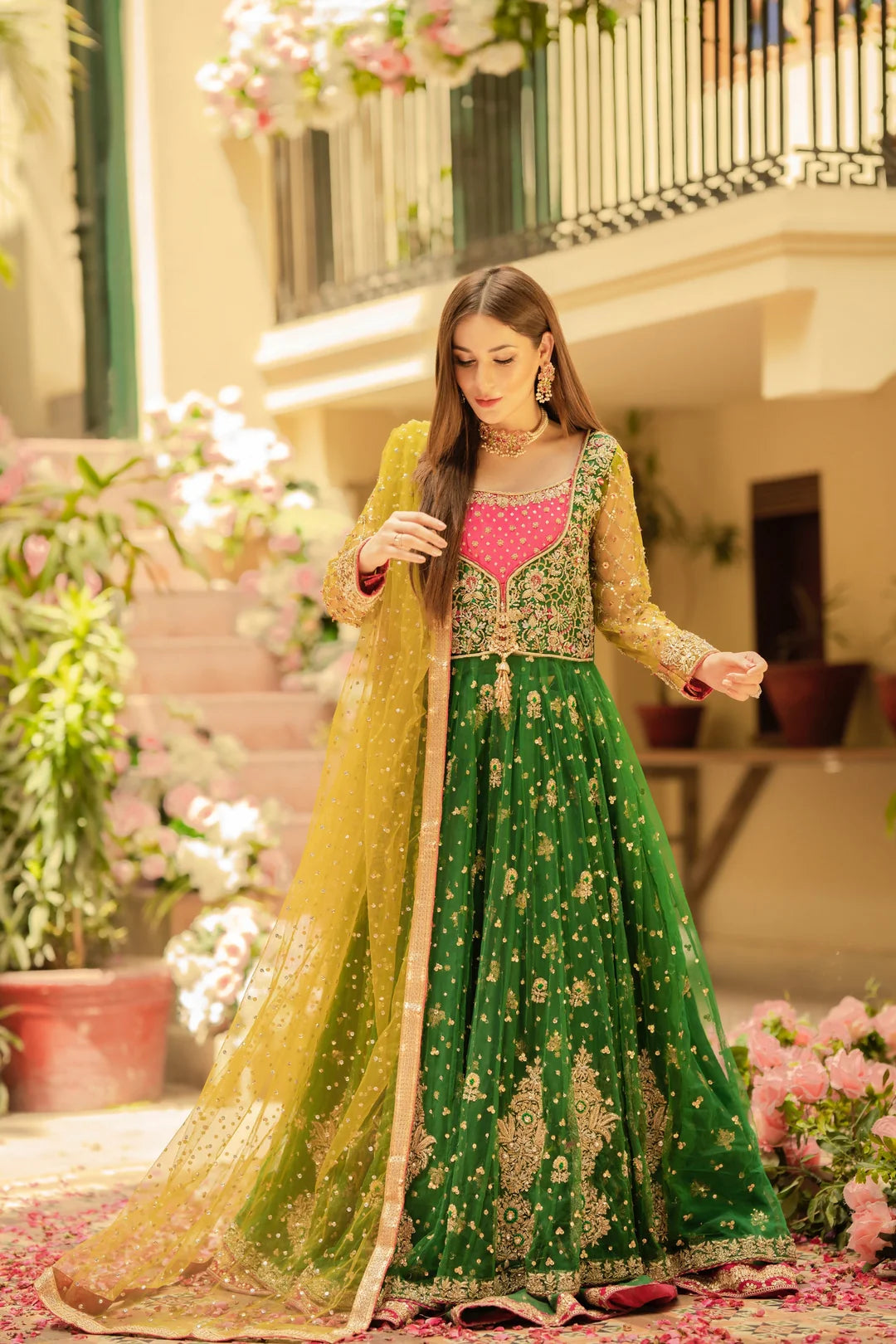 Green Bridal Pishwas Lehenga with Organza Dupatta – Mehndi Wedding Dress