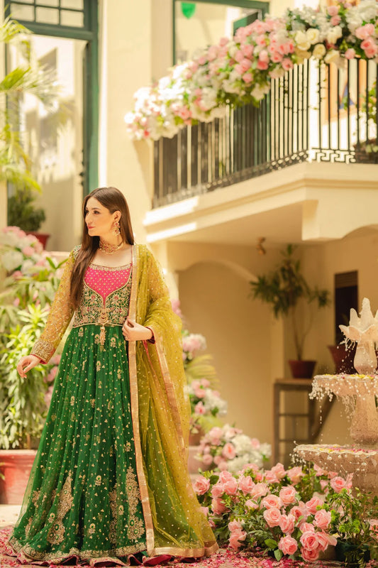 Green Bridal Pishwas Lehenga with Organza Dupatta – Mehndi Wedding Dress