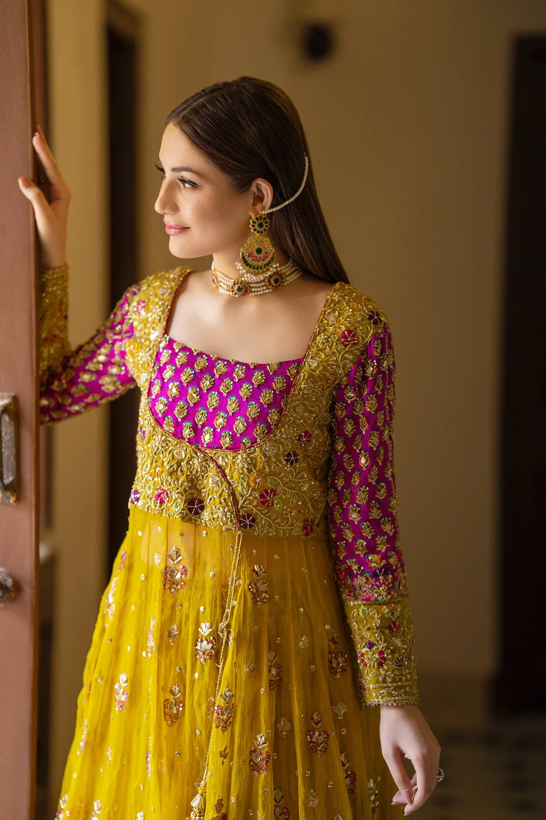 Yellow Bridal Pishwas Lehenga with Chiffon Dupatta – Mehndi Wedding Dress