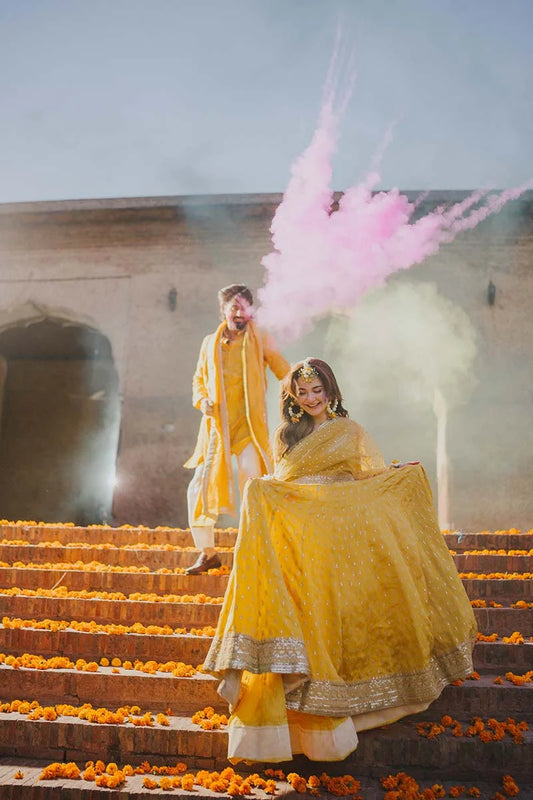 Yellow Bridal Pishwas with Embroidered Dupatta – Mehndi Wedding Dress