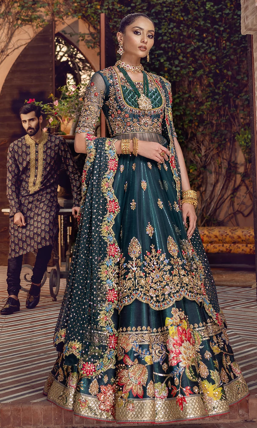 Green Bridal Pishwas Lehenga with Net Dupatta – Mehndi Wedding Dress