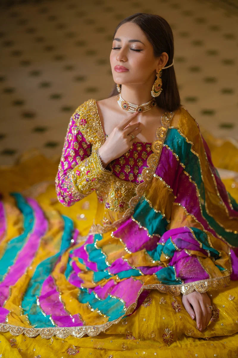 Yellow Bridal Pishwas Lehenga with Chiffon Dupatta – Mehndi Wedding Dress