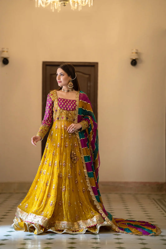 Yellow Bridal Pishwas Lehenga with Chiffon Dupatta – Mehndi Wedding Dress
