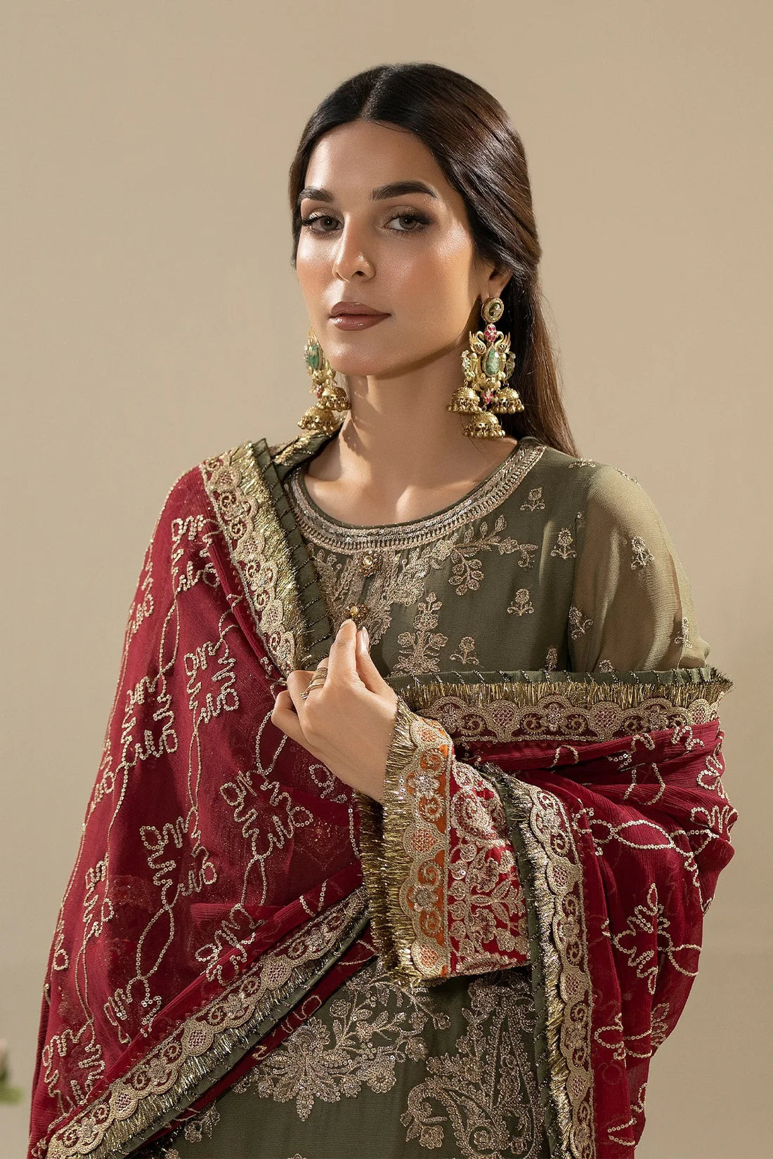 Mehndi Embroidered Chiffon Three Piece Suit (Nisha Collection)