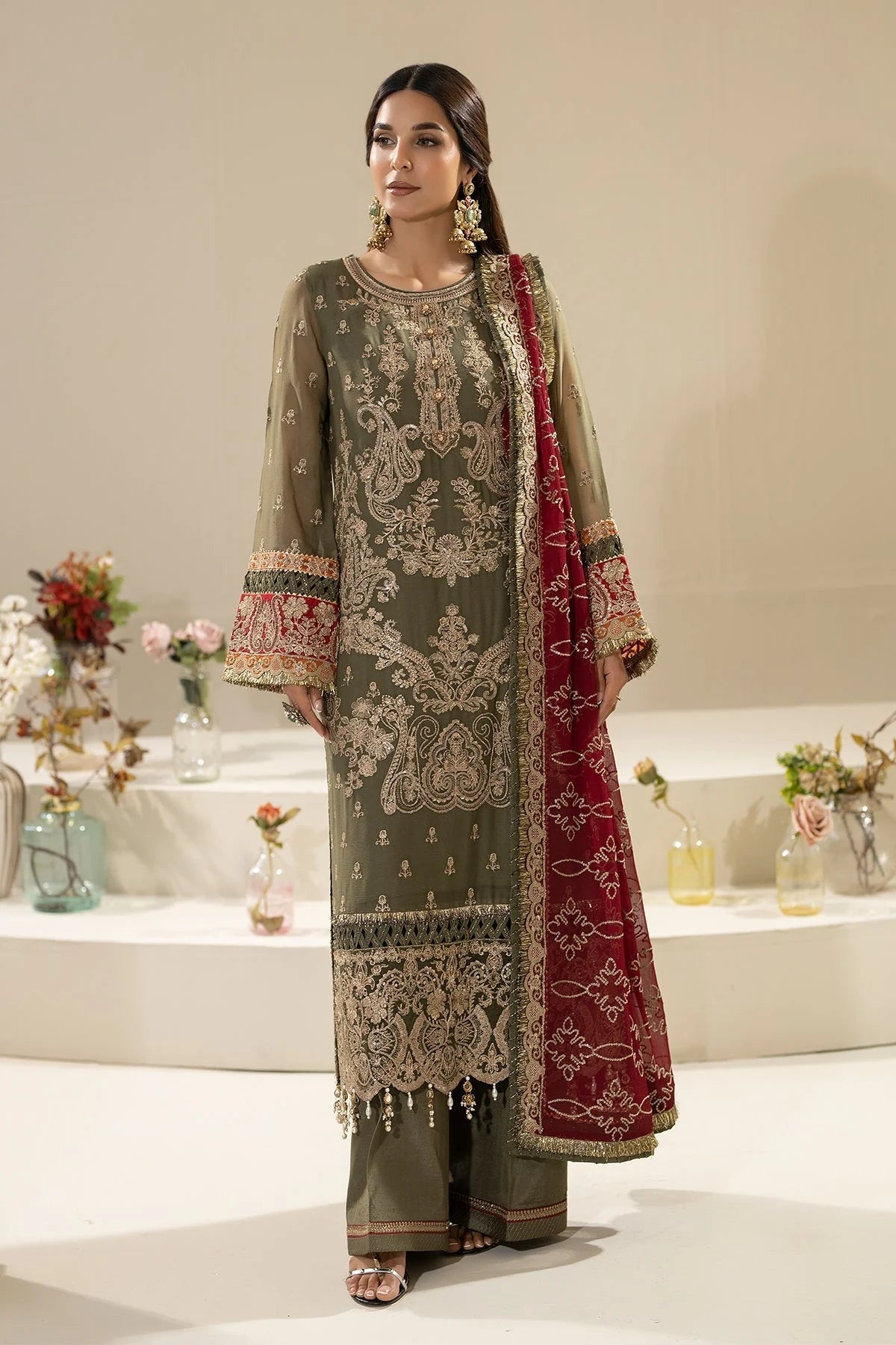 Mehndi Embroidered Chiffon Three Piece Suit (Nisha Collection)