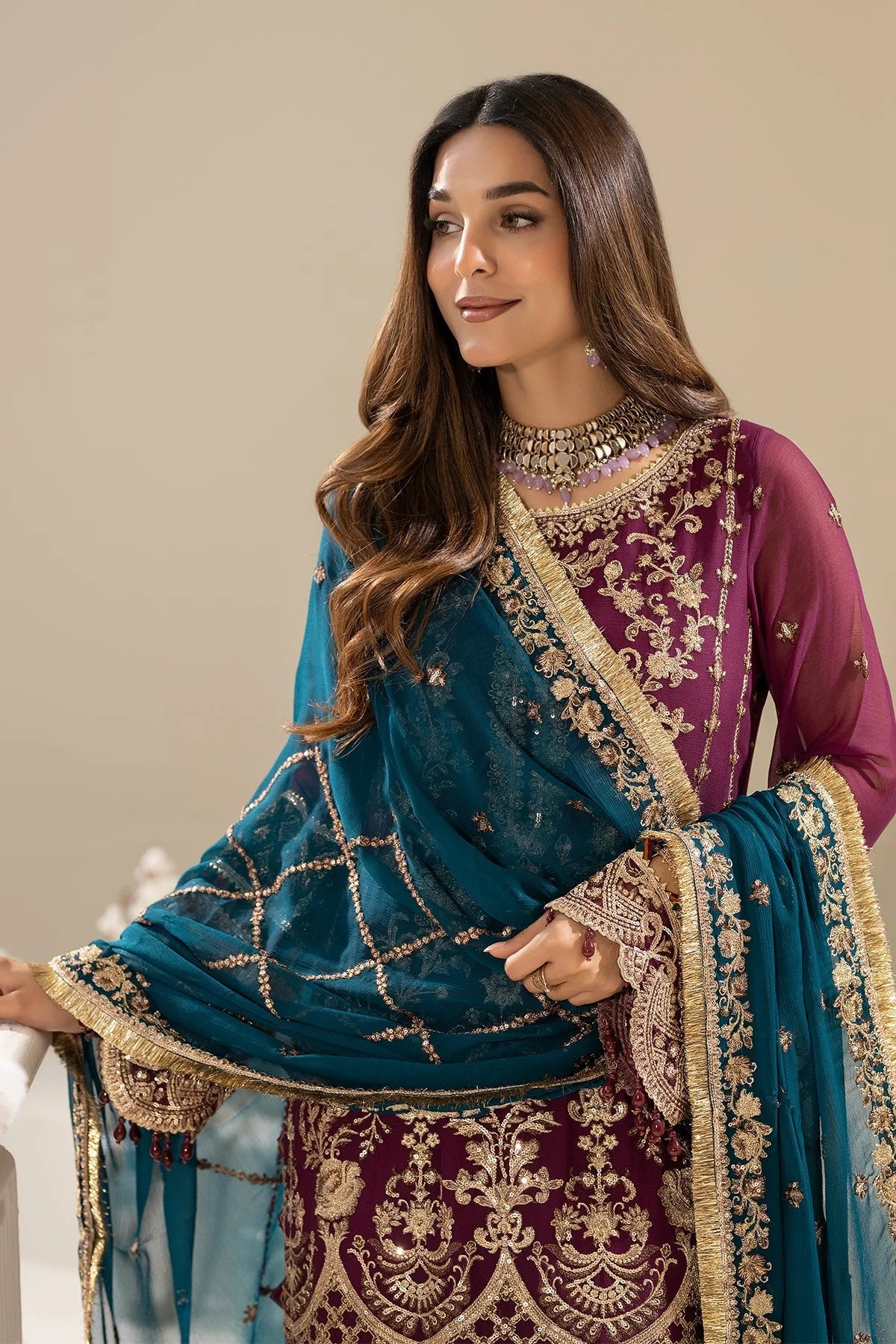 Indigo Embroidered Chiffon Three Piece Suit (Nisha Collection)