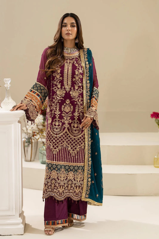 Indigo Embroidered Chiffon Three Piece Suit (Nisha Collection)