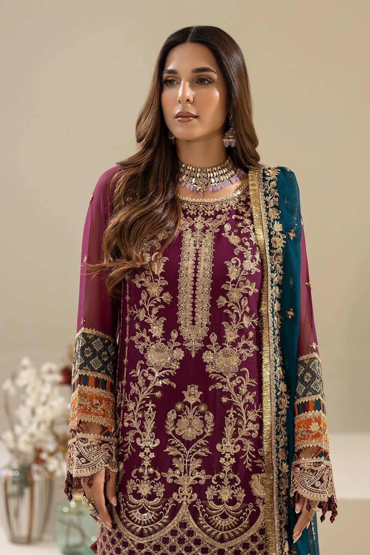 Indigo Embroidered Chiffon Three Piece Suit (Nisha Collection)