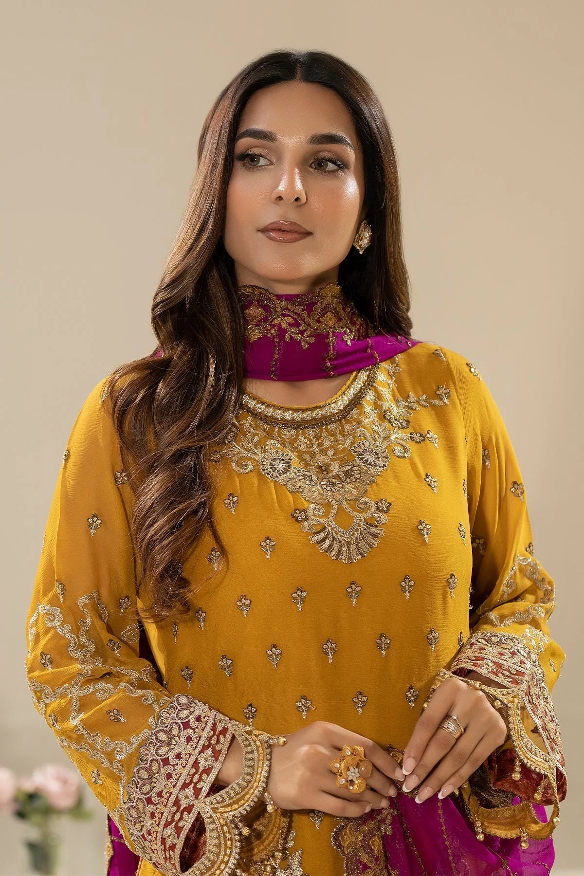 Golden Embroidered Chiffon Three Piece Suit (Nisha Collection)