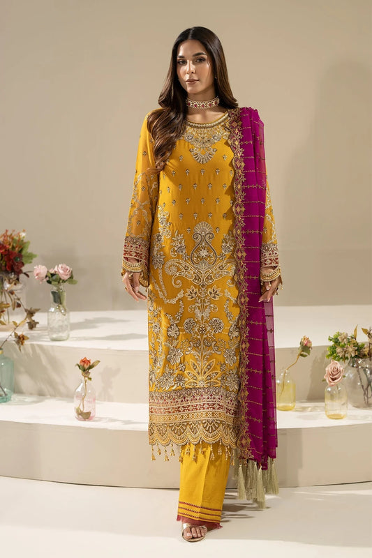 Golden Embroidered Chiffon Three Piece Suit (Nisha Collection)