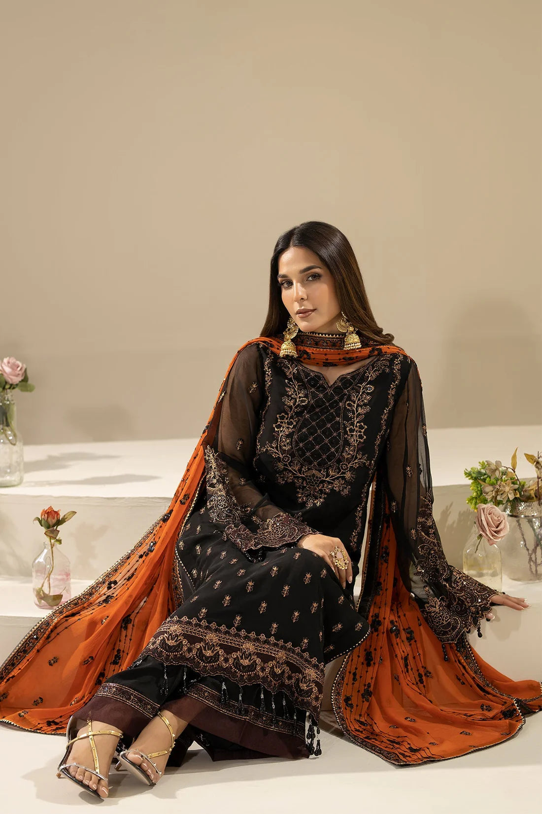 Navy Embroidered Chiffon Three Piece Suit (Nisha Collection)
