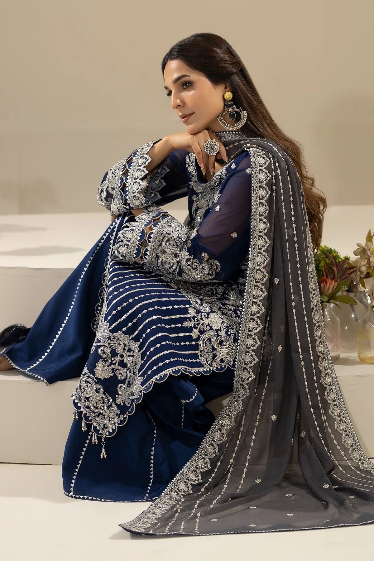 Navy Embroidered Chiffon Three Piece Suit (Nisha Collection)