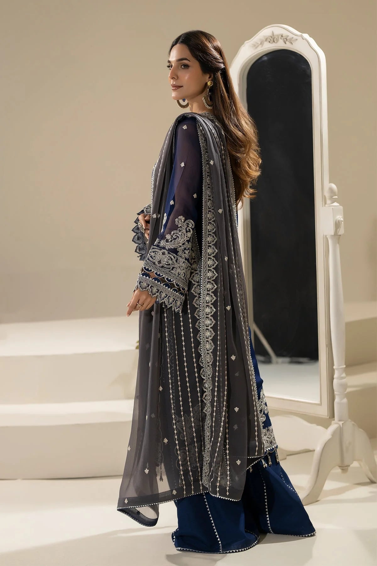 Navy Embroidered Chiffon Three Piece Suit (Nisha Collection)