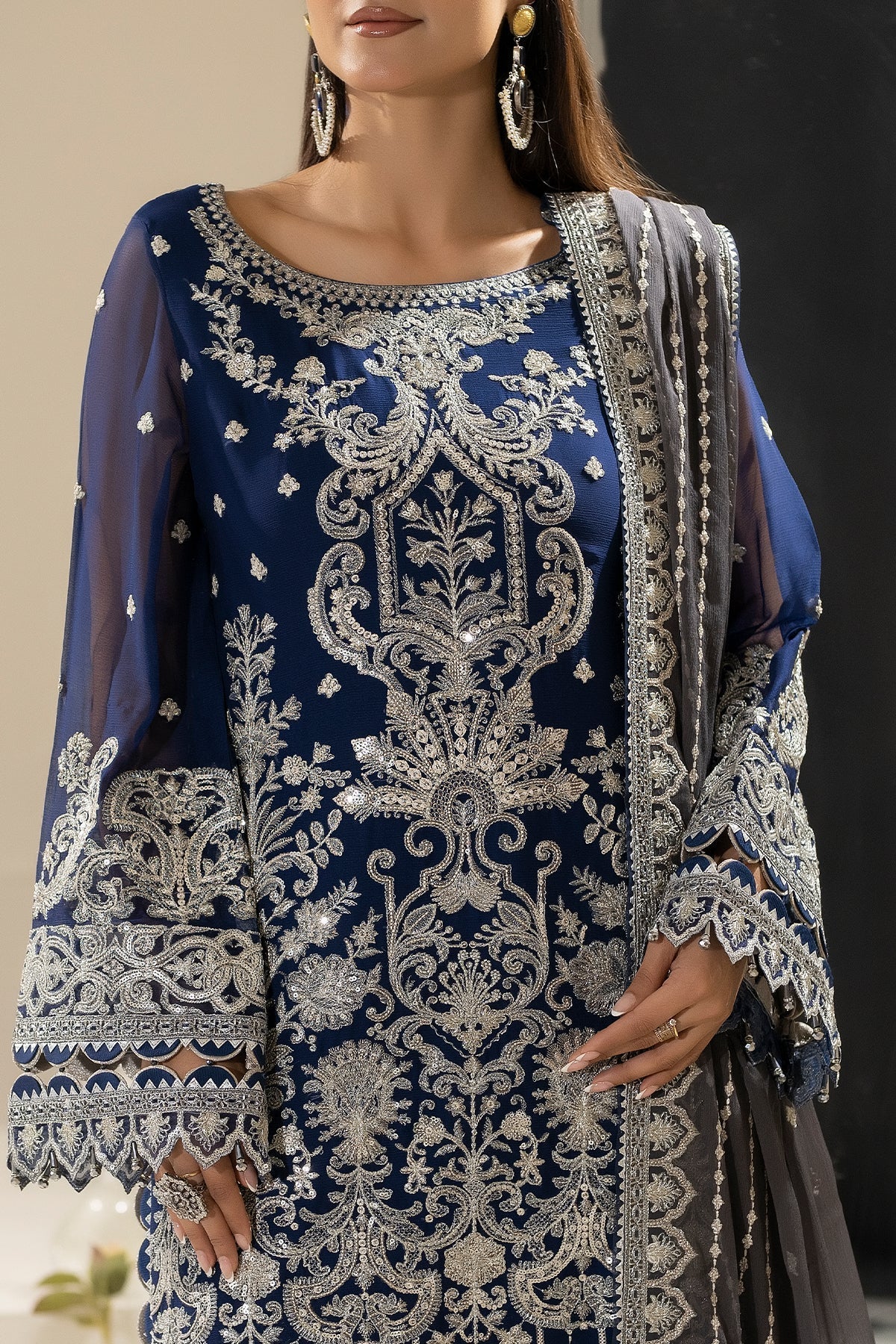 Navy Embroidered Chiffon Three Piece Suit (Nisha Collection)