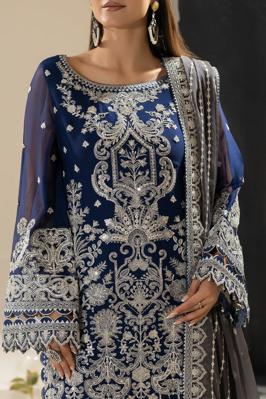 Navy Embroidered Chiffon Three Piece Suit (Nisha Collection)