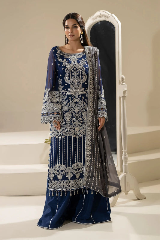 Navy Embroidered Chiffon Three Piece Suit (Nisha Collection)