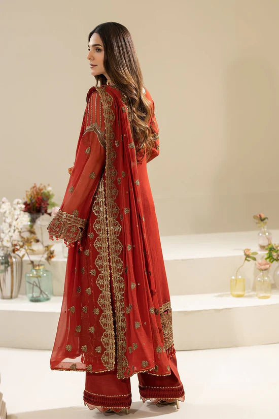 Rust Orange Embroidered Chiffon Three Piece Suit