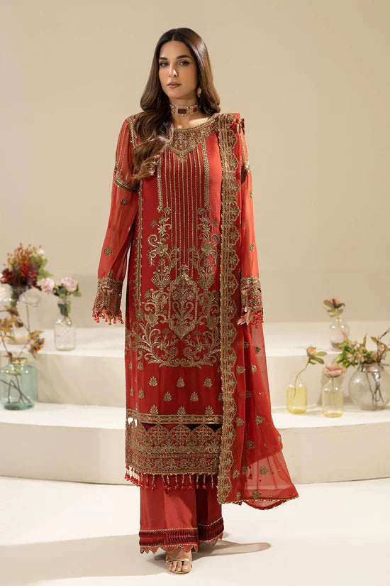 Rust Orange Embroidered Chiffon Three Piece Suit