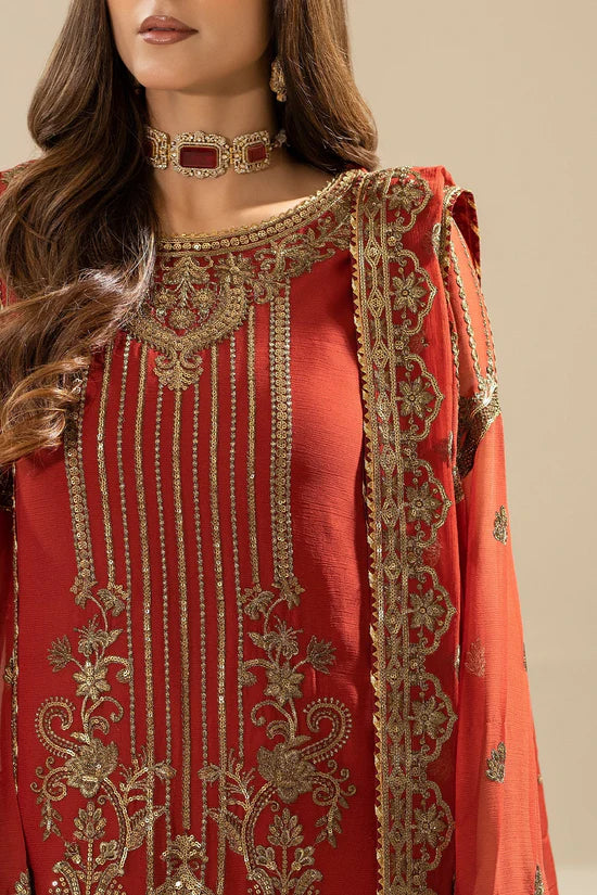Rust Orange Embroidered Chiffon Three Piece Suit