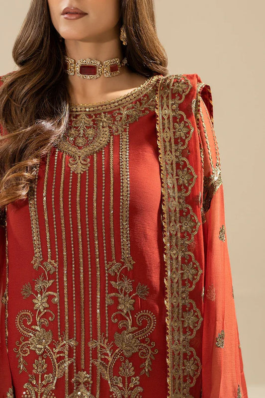 Rust Orange Embroidered Chiffon Three Piece Suit