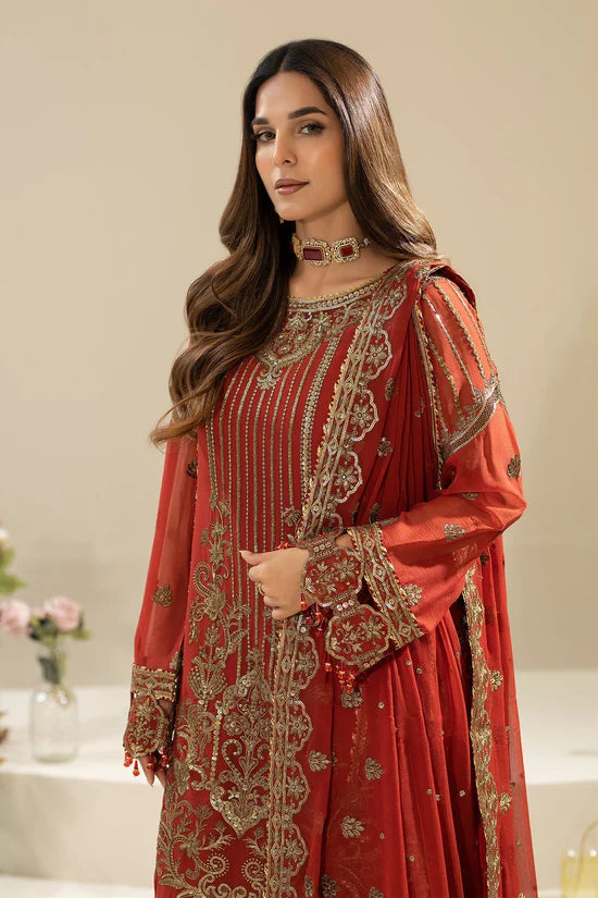Rust Orange Embroidered Chiffon Three Piece Suit