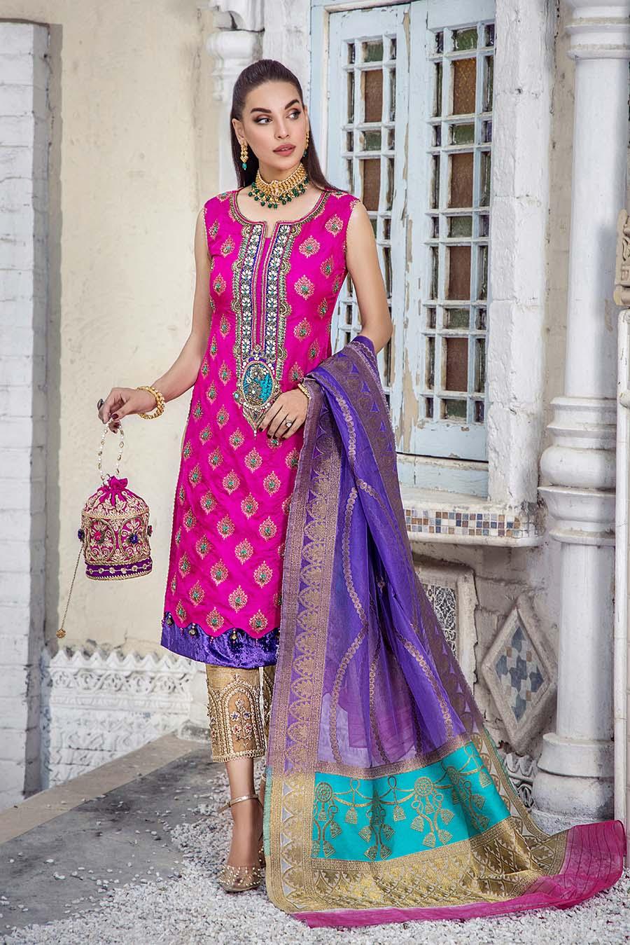 Pure Silk Jamawar Shirt with Organza Banarsi Dupatta & Embroidered Trousers