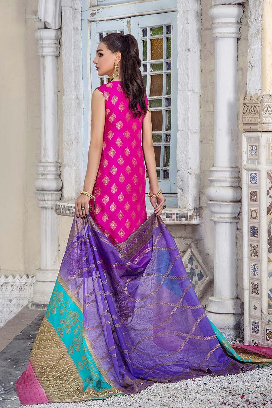 Pure Silk Jamawar Shirt with Organza Banarsi Dupatta & Embroidered Trousers
