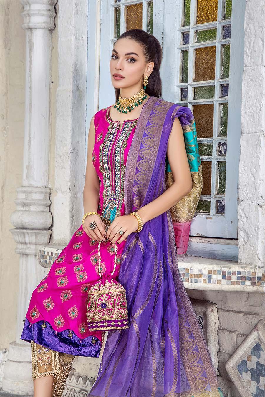 Pure Silk Jamawar Shirt with Organza Banarsi Dupatta & Embroidered Trousers