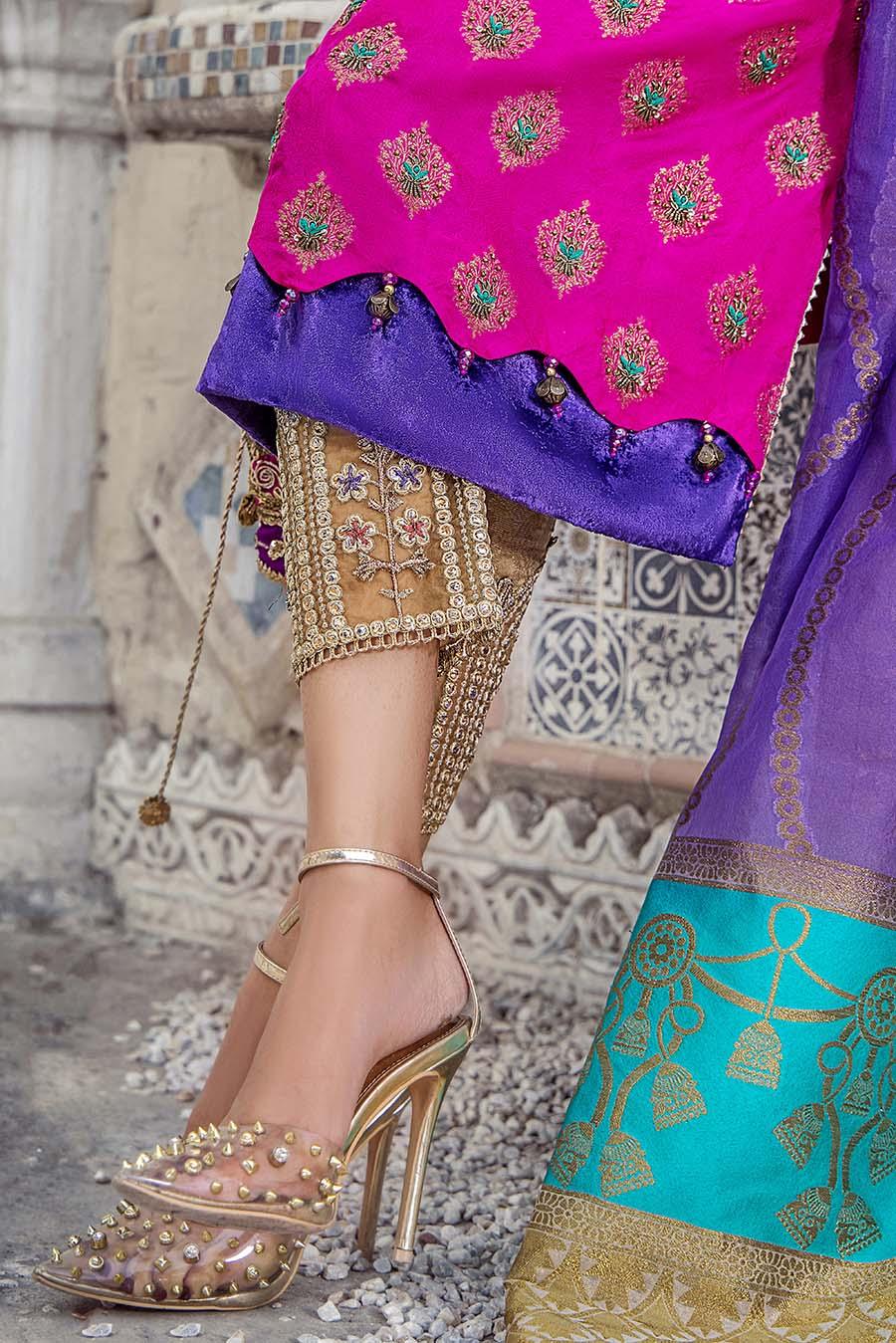 Pure Silk Jamawar Shirt with Organza Banarsi Dupatta & Embroidered Trousers